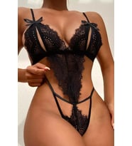 Kadın Siyah Dantelli Fantazi İç Giyim Takımı Fiyonklu Transparan Bralet ve String 8457