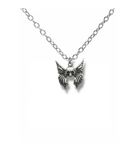 Gotik Kelebek ve Kurukafa Figürlü Unisex Kolye 60 cm Zincirli Alternatif Tasarım (Gümüş)