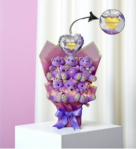 Led Işıklı Seni Seviyorum Kalpli Balonlu Mor Peluş Ayıcık Buketi Ayıcıklı Peluş Buket Model 3