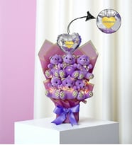Led Işıklı Seni Seviyorum Kalpli Balonlu Mor Peluş Ayıcık Buketi Ayıcıklı Peluş Buket Model 3