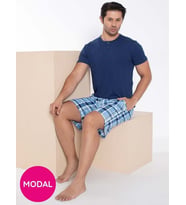 Erkek Bisiklet Yaka 3 Düğmeli Ekose Desen Modal Kısa Kol Cepli Şortlu Pijama Takımı (Mavi)