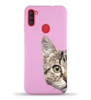 Samsung Galaxy M11 Uyumlu Lansman Kılıf Catface Tasarımlı İçi Kadife Kapak-Pembe (Şeffaf)