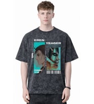 Tasarım Eren Yeager Attack On Titan Anime Baskılı Unisex Oversize Eskitme Yıkamalı Tişört