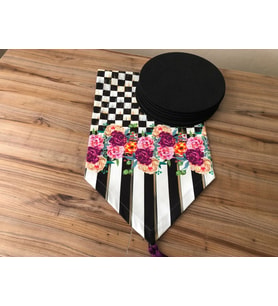 DAMA DESENLİ MOR GÜL DETAYLI RUNNER&SUPLA TAKIMI (Krem)