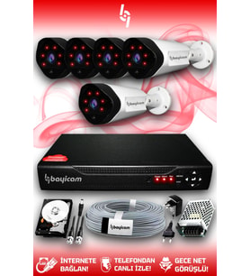 BAYICAM 5 Kameralı Uzay 5 Dış Kamera Set 100 GB HDD Full HD Gece Görüşlü Güvenlik Kamerası Sistemi