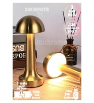 Metal Dokunmatik Mantar Masa Lambası, 3 Renkli, Şarjlı, Gold Renk (Krem)