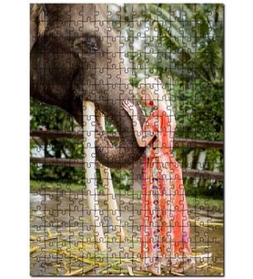 Cakapuzzle Yöresel Kıyafetli Kız ve Dev Dişleriyle Fil Puzzle Yapboz MDF (Ahşap) (120 Parça)