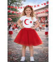 KIZ ÇOCUK TÜRK BAYRAKLI TİŞÖRT , TÜTÜ ETEK KOMBİNİ , 23 NİSAN 29 EKİM ETKİNLİK GÖSTERİ KIYAFETİ (Beyaz - Kırmızı)