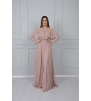 Tül Üzeri Simli Abiye Elbise - Pudra