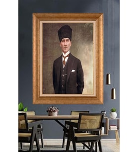Altın Varaklı Çerçeveli Paspartulu Atatürk Tablo nh326 (Gold)