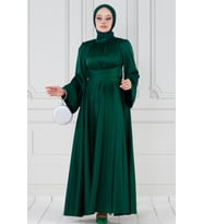 Çapraz Kuşaklı Saten Abiye Elbise-Zümrüt Yeşili