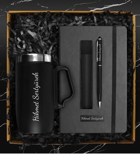 Kişiye Özel Çelik Bardak Termos & Kişiye Özel Defter & Kişiye Özel Deri Kılıflı Touch Pen Kalem Seti