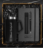 Kişiye Özel Çelik Bardak Termos & Kişiye Özel Defter & Kişiye Özel Deri Kılıflı Touch Pen Kalem Seti