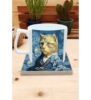 Kediler ve Sanat/Van Gogh Yıldızlı Gece The Starry Night Set 10 - Yelken Fincan Kupa-Taş Bardak Altlığı 5