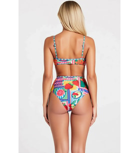 Kadın Bikini Takımı Balconette Üst Kapsız Yüksek Bel Slip Alt Örme Kumaş Meyve Desenli Regular Kalıp