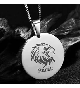 Kişiye Özel İsimli Kararmaz Çelik Kolye Kartal Yuvarlak Daire Kolye (Gümüş)