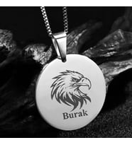 Kişiye Özel İsimli Kararmaz Çelik Kolye Kartal Yuvarlak Daire Kolye (Gümüş)