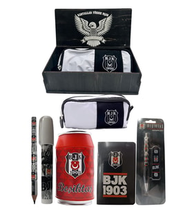 Beşiktaş Orjinal Lisanslı Kırmızı Kutu Kalemtraş Ahşap Kutulu 6'lı Kırtasiye Seti (Siyah - Beyaz)