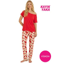 Seamlife Kadın Düğmesiz Kayık Yaka Viskon Kısa Kol Pijama Takımı-Düşük Omuz Kısa Kol Ev Giyim Homewear (Kırmızı)