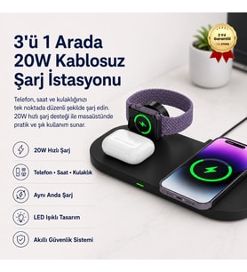 3 in 1 Wireless / Kablosuz Şarj Destekli 15W Hızlı Şarj Özellikli Apple Watch, Airpods, ve Telefon Şarjı