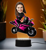Doğum Günü Hediyesi,Sevgiliye Hediye, Kişiye Özel Fotoğraflı Motorcu Kadın Karikatür 3D Led Lamba (Beyaz)