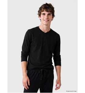 LC WAIKIKI Siyah Henley Yaka Uzun Kollu Erkek Pijama Üst