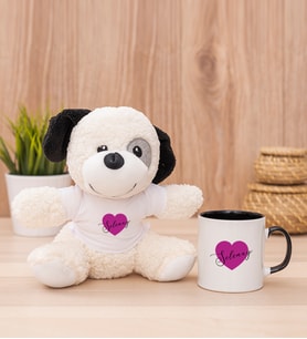 Kişiye Özel Mor Kalpli İsimli Peluş Köpek ve Siyah Kupa