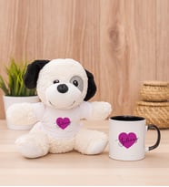 Kişiye Özel Mor Kalpli İsimli Peluş Köpek ve Siyah Kupa