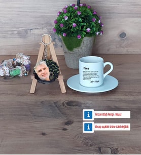Amcaya Hediye Türk Kahvesi Fincanı Ahşap Altlıklı ve Fotoğraflı Ahşap Anahtarlık Hediye (Model 2)