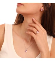 925 Ayar Gümüş Pembe Baget Taşlı Kolye Küpe Yüzük Takı Seti