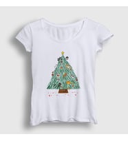 Presmono Kadın Beyaz Kedili Çam Ağacı Yılbaşı T-Shirt 269938tt