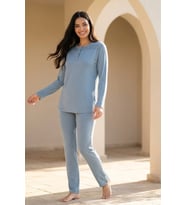 Kadın Dantelli Bambu Viskon Uzun Kollu Mevsimlik Soft Örme Pijama Takımı Turkuaz