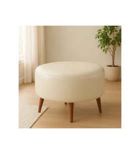 Krem Yuvarlak Deri Puf 60 cm Çap 46 cm Yükseklik Ceviz Ayaklı