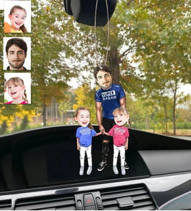 Kişiye Özel Karikatürlü Ahşap Araba Dikiz Ayna Süsü Baba Kızları Aile-3