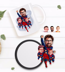 BK Gift Kişiye Özel Süper Baba Süper Çocuklar Karikatürlü Beyaz Kupa ve Ahşap Bardak Altlığı Hediye Seti-1