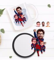 BK Gift Kişiye Özel Süper Baba Süper Çocuklar Karikatürlü Beyaz Kupa ve Ahşap Bardak Altlığı Hediye Seti-1