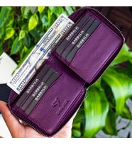 Garbalia Carole Hakiki Deri Fermuar Kilitli Unisex Cüzdan Mürdüm