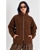 Oversize Dik Yaka Biyeli Fermuarlı Cepli Teddy Peluş Ceket- Kırmızı