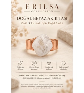 Sertifikalı Beyaz Akik Taşı Doğal Taş Yüzük Bakır Kasa Ayarlanabilir El İşçiliği
