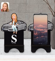 BK Gift Kişiye Özel Plakalı Kadın Honda Civic Karikatürlü Ahşap Biblo Telefon Standı-1