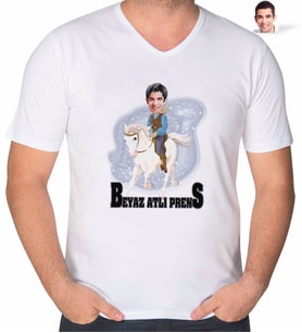 BK Gift Kişiye Özel Beyaz Atlı Prens Karikatürlü V Yaka Tişört-3