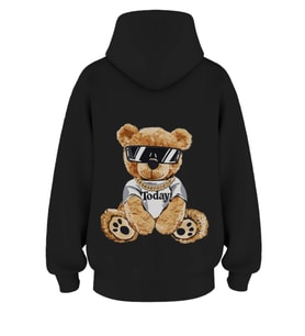 Oversize 'Bear' Baskılı Kapşonlu Hoodie Sweatshirt (Siyah)