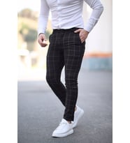 Slim Fit Ekose Desen Erkek Keten Pantolon Siyah