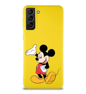 Samsung Galaxy S21 Plus Soft Premier Kapak Mickey Mouse-C Tasarımlı Silikon Kılıf - Sarı (Şeffaf)