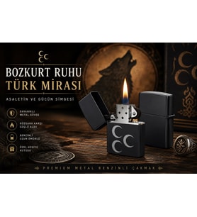 Asaletin Gücün Simgesi Bozkurt Ruhu Türk Mirası Üç Hilal Desenli Benzinli Metal Çakmak Dolu Gönderim