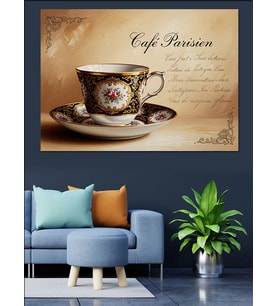 Klasik Kahve Fincanlı Cafe Parisien Afişi Dekoratif Kanvas - Mdf Ahşap Tablo
