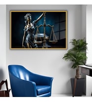 Metal Çerçeveli Yatay Cam Avukat Büro Tablosu Adalet Terazisi Kadın (Gold)