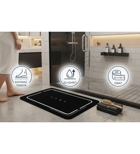 1 Adet 40 60 Cm Banyo Paspası Kaymaz Tabanlı Su Emici Yapı Kare Şık Tasarım Siyah - Gri Çizgili Banyo Önü Duşakabin Önü Paspas