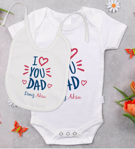 BK Kids Kişiye Özel I Love You Dad Tasarımlı Bebek Body Zıbın ve Mama Önlüğü Hediye Seti - Model 2