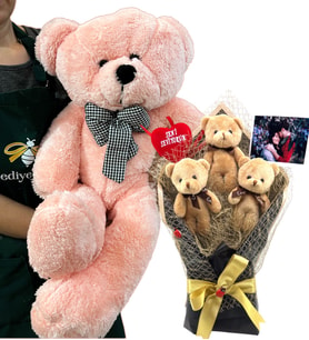 Büyük Boy Peluş 80cm Ayıcık ve Fotoğraflı Tasarım 3lü Kahve Ayıcık Buketi (Pembe)
